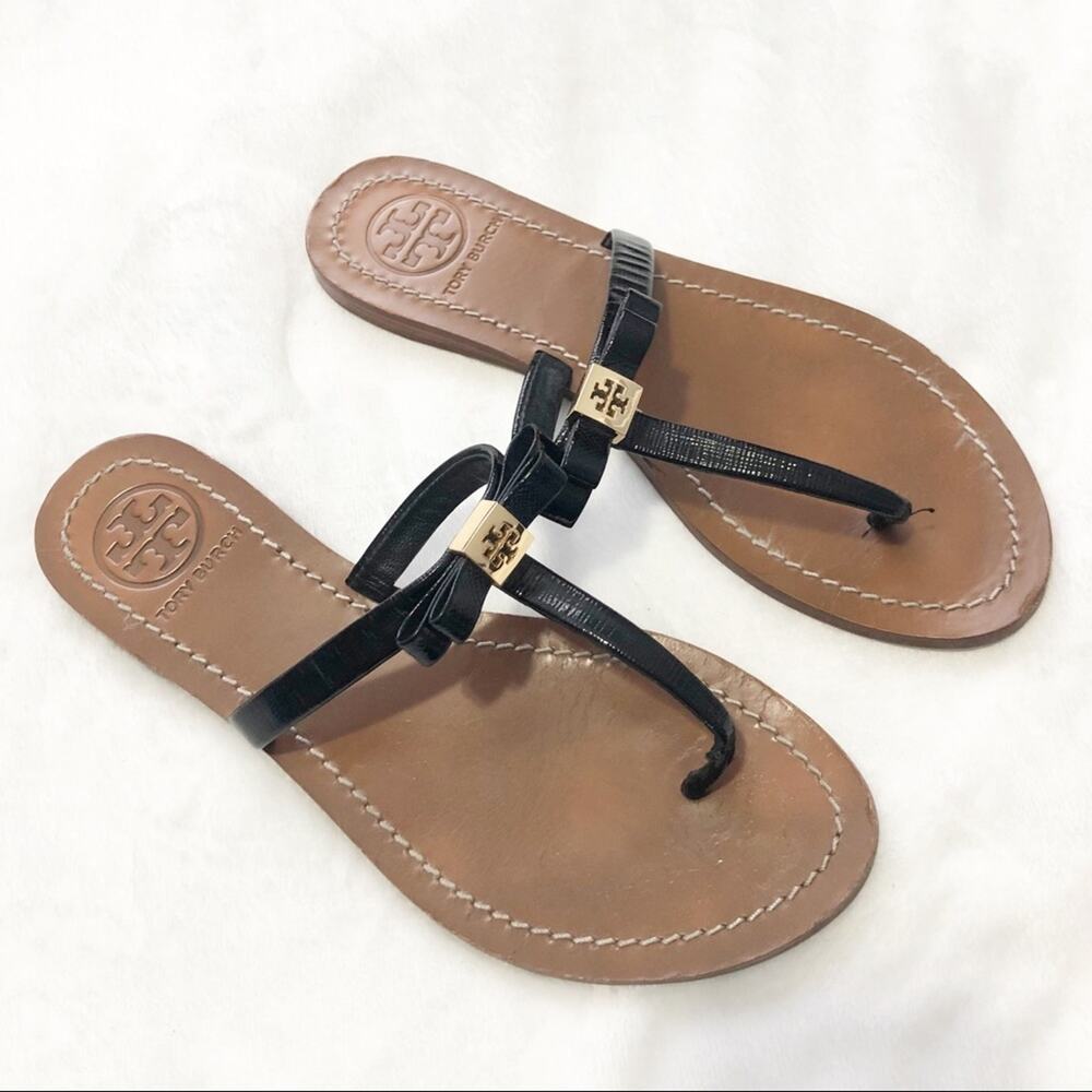 Tory Burch leighanne black bow logo flat 6.5 gold